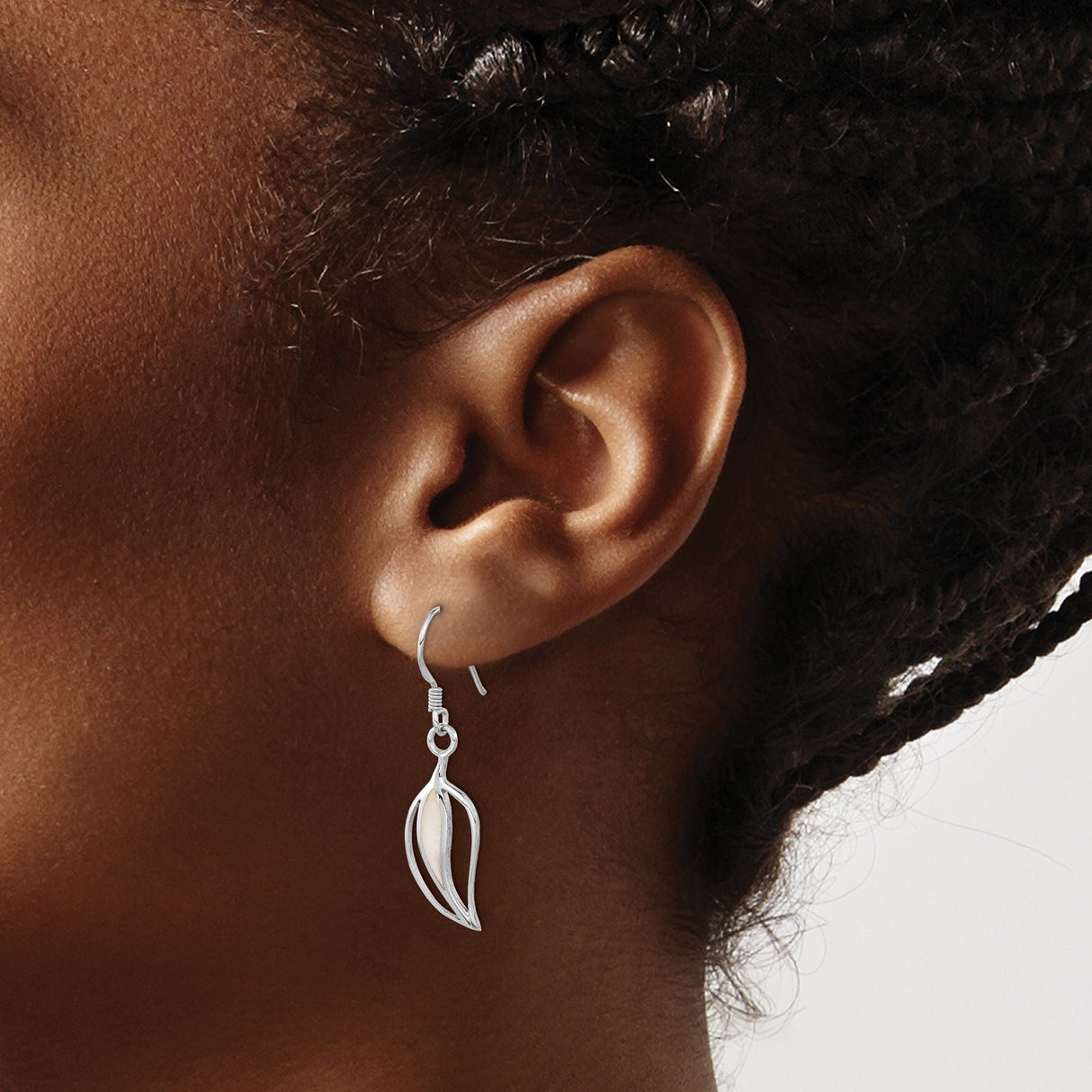 Sterling Silver Dangle Earrings with Mother of Pearl, Open Leaf Design, Minimalist Botanical Style