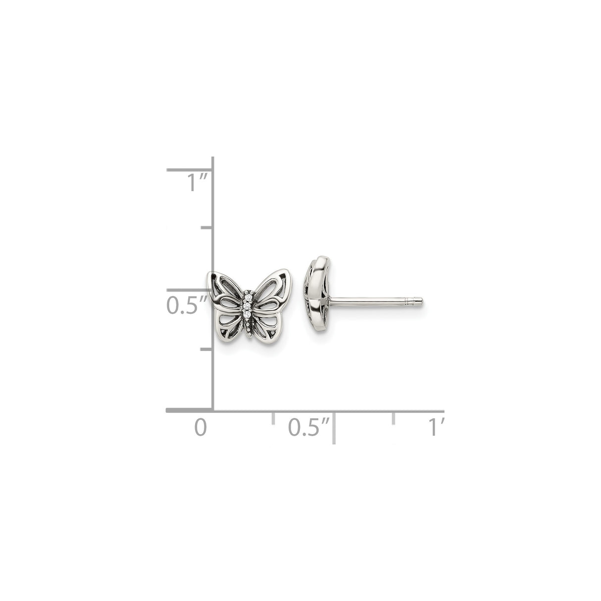 Sterling Silver Butterfly Stud Earrings with Cubic Zirconia and Openwork Wing Design