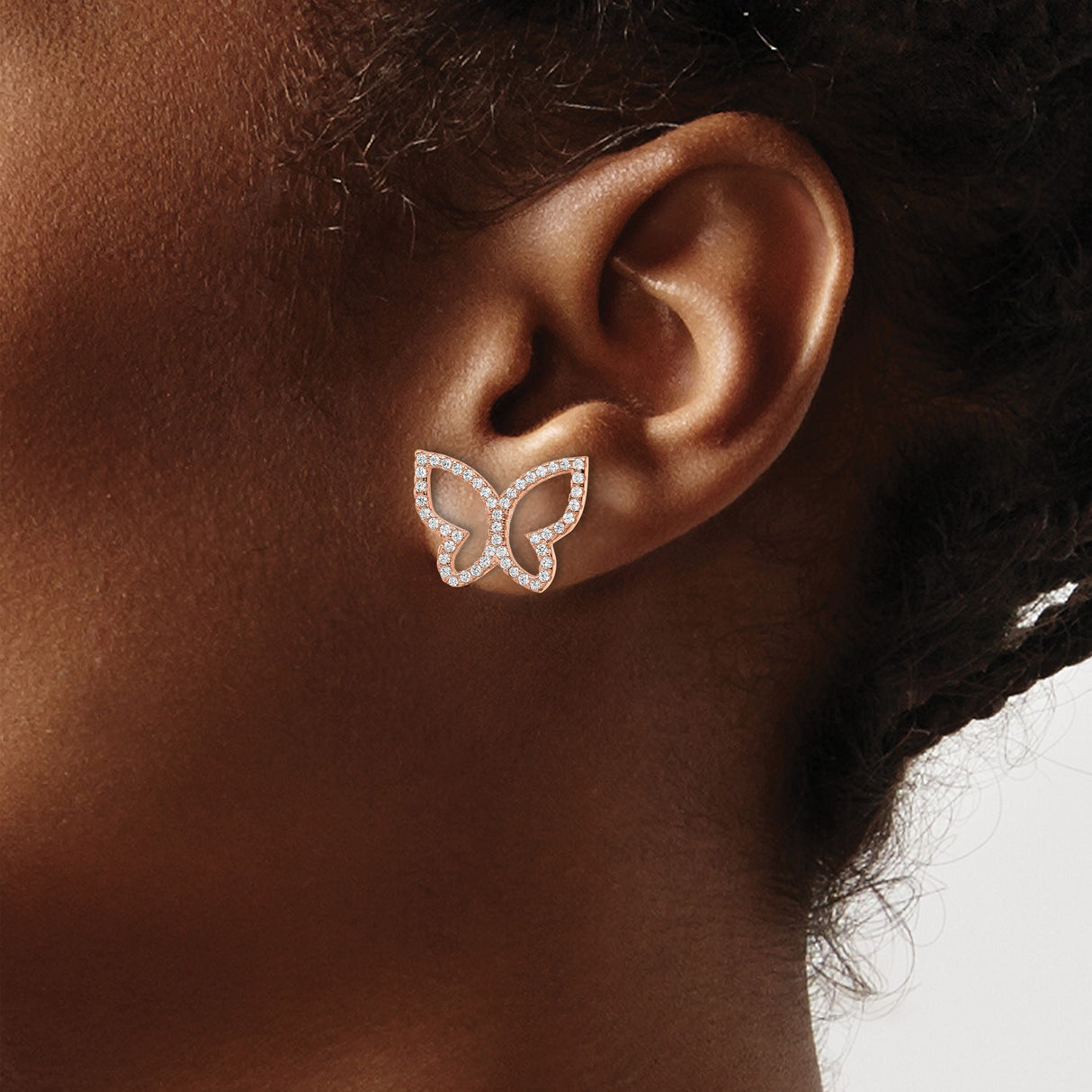 Sterling Silver Butterfly Stud Earrings with Cubic Zirconia, Rose Gold Finish, Open Wing Design