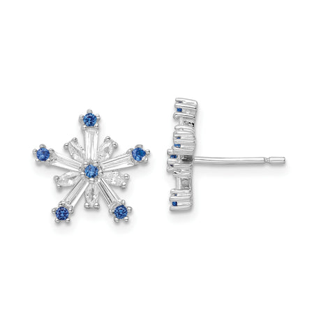Sterling Silver Snowflake Stud Earrings with Blue and Clear Cubic Zirconia, Winter-Inspired Design
