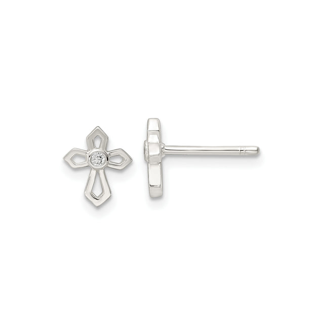 Sterling Silver Cross Pendant and Earrings Set with Cubic Zirconia, Bezel Set Religious Style