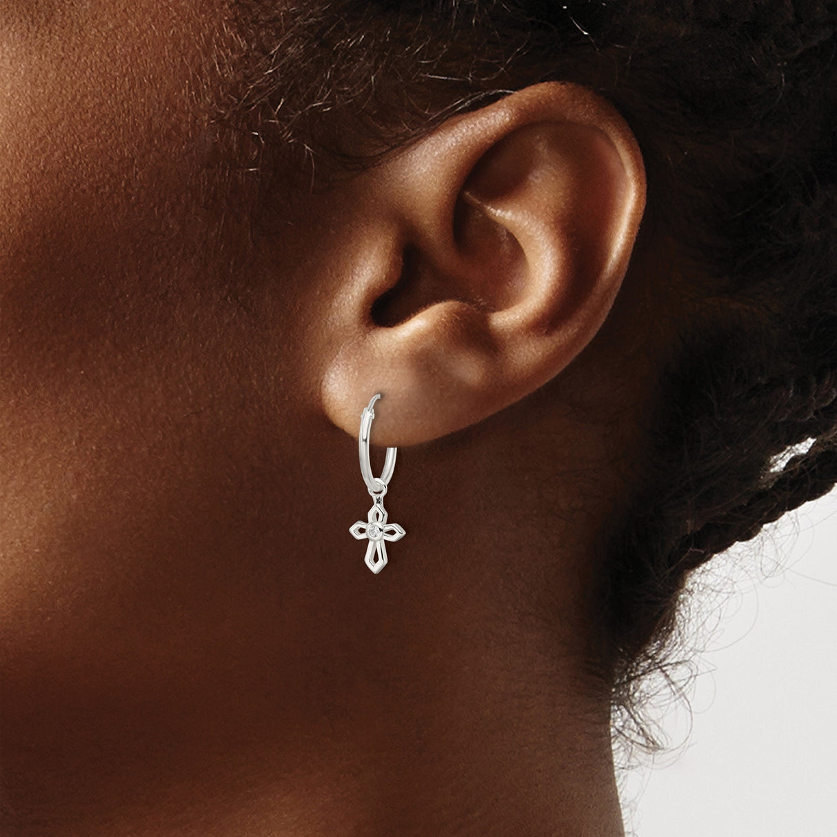 Sterling Silver Cross Pendant with Cubic Zirconia Center, Polished Modern Religious Jewelry