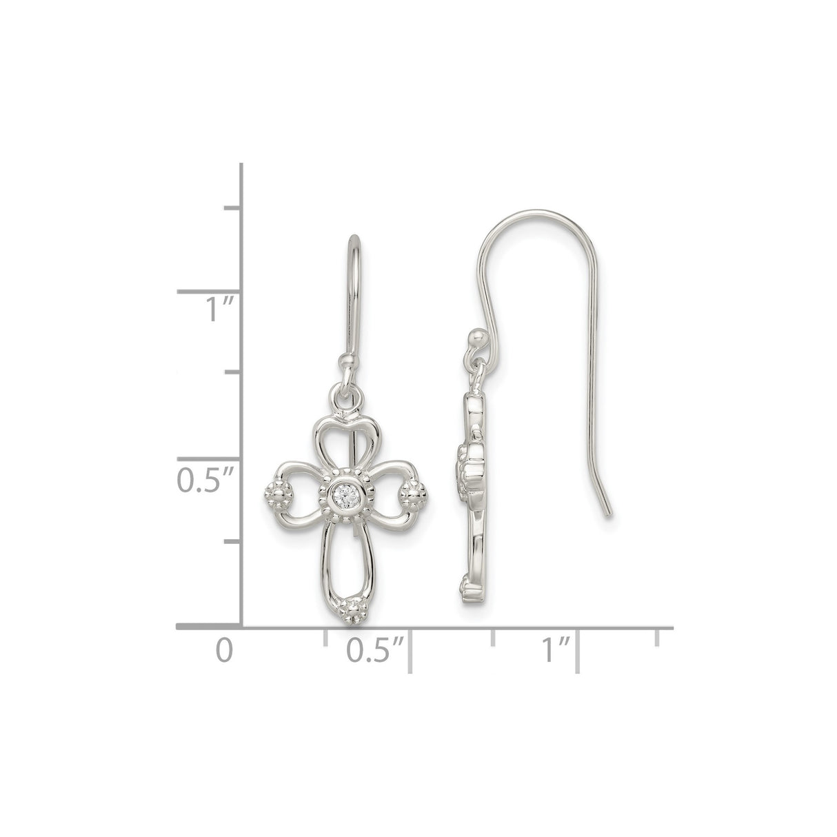Sterling Silver Cross Dangle Earrings with Cubic Zirconia, Curved Arms and Openwork Design
