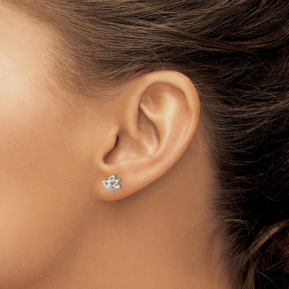 Sterling Silver Open Dove Stud Earrings With CZ Accent