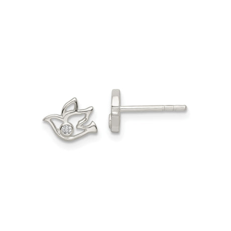 Sterling Silver Dove Shaped Stud Earrings with Cubic Zirconia Accent, Open Bird Design Symbolizing Peace and Spirituality, Religious Christian Jewelry for Women, Lightweight Daily Wear Faith Studs