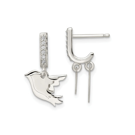 Sterling Silver Dangle Earrings with Flying Dove Charm and Cubic Zirconia Accents, Spiritual Symbol Jewelry for Women, Christian Earrings for Faith, Religion, Baptism, Confirmation and Church Wear