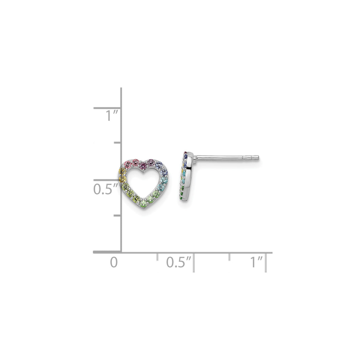 Sterling Silver Heart Stud Earrings with Multicolor Cubic Zirconia, Rainbow Pride Design