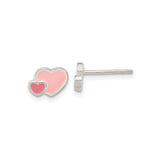 Sterling Silver Double Heart Stud Earrings with Pink Enamel Design, Romantic Style
