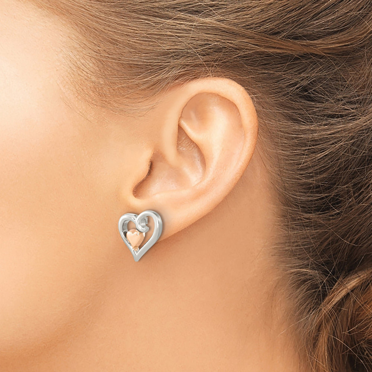 Sterling Silver Open Heart Stud Earrings with Rose Gold Accent, Romantic Dual Tone Design