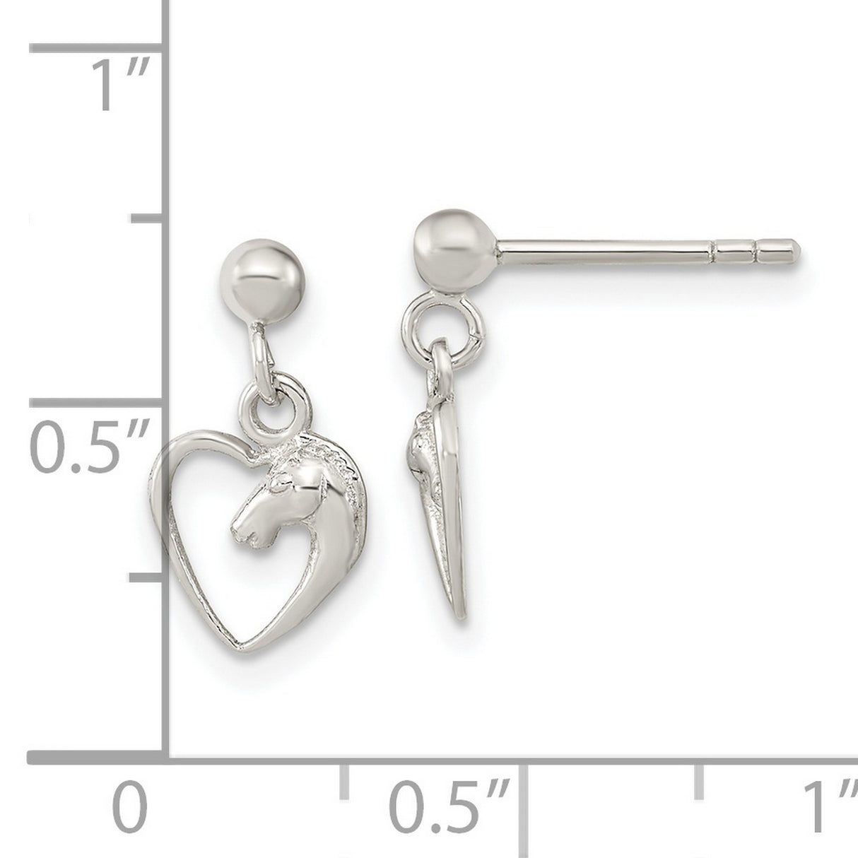Sterling Silver Dangle Earrings with Horse Head in Open Heart Design, Equestrian Style for Women