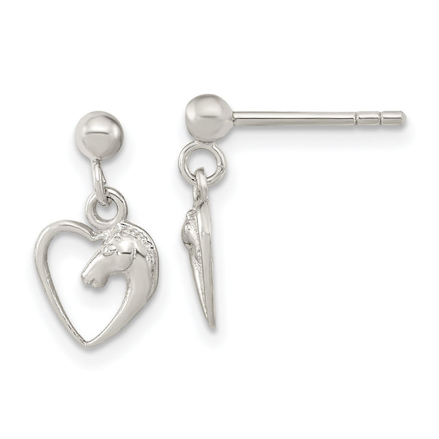 Sterling Silver Dangle Earrings with Horse Head in Open Heart Design, Equestrian Style for Women