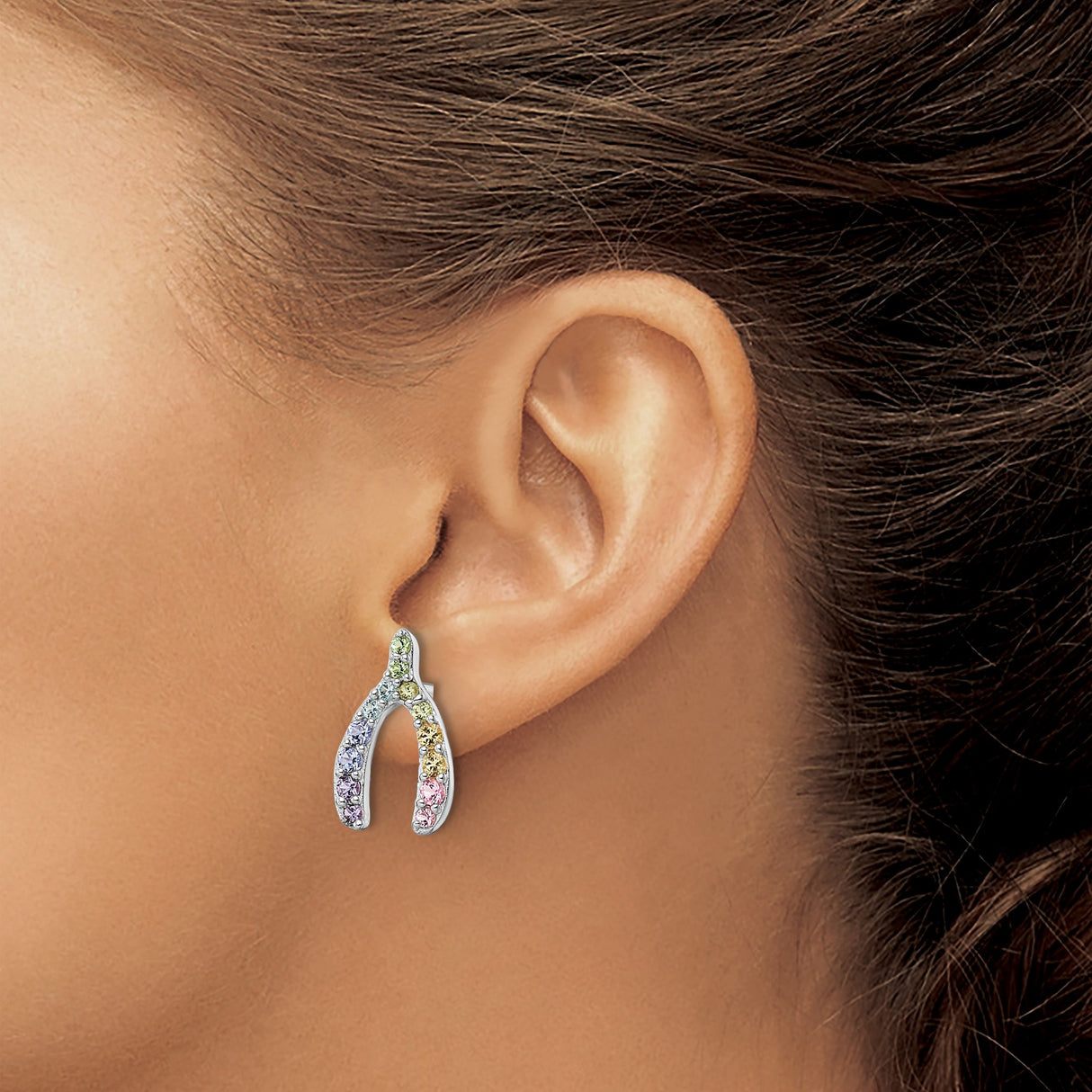 Sterling Silver Wishbone Stud Earrings Multicolor CZ Stones