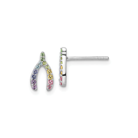 Sterling Silver Wishbone Stud Earrings for Women with Multicolor Cubic Zirconia, Symbolic Charm Jewelry Featuring Rainbow Stones, Elegant Daily Wear Fashion Studs, Good Luck Spiritual Earrings