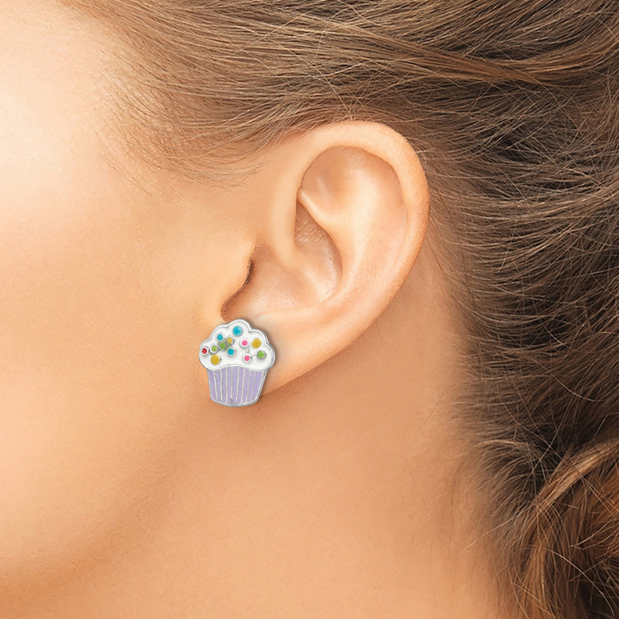 Sterling Silver Cupcake Stud Earrings with Colorful Enamel and Rainbow Sprinkles, Whimsical Style