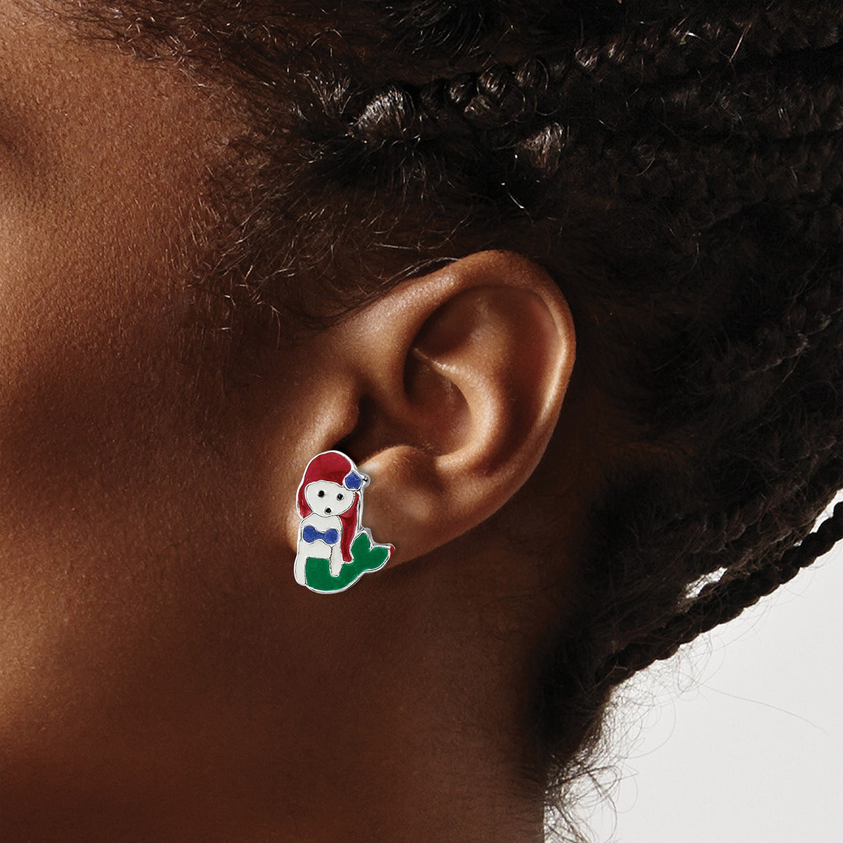 Sterling Silver Mermaid Stud Earrings with Enamel Red Hair, Green Tail, and Blue Accents