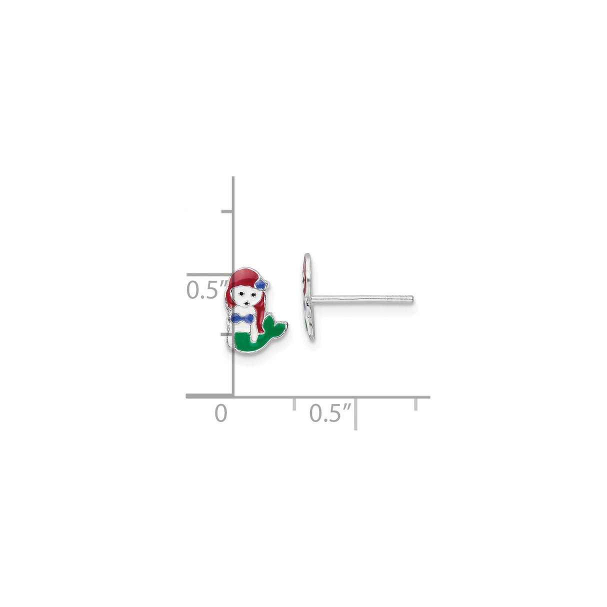 Sterling Silver Mermaid Stud Earrings with Enamel Red Hair, Green Tail, and Blue Accents