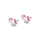 Sterling Silver Unicorn Stud Earrings Pink White Enamel