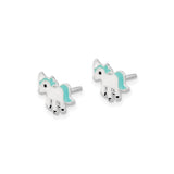 Sterling Silver Unicorn Stud Earrings With Aqua Enamel
