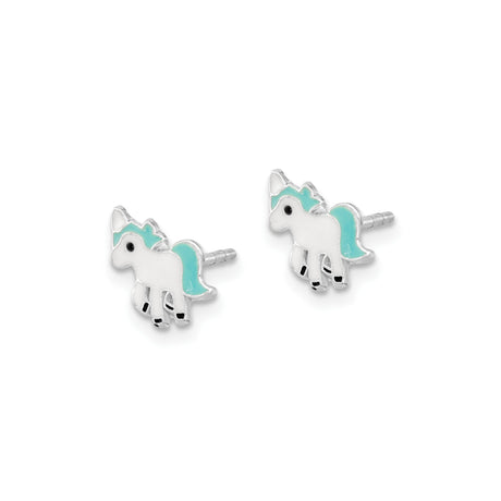 Sterling Silver Unicorn Stud Earrings With Aqua Enamel