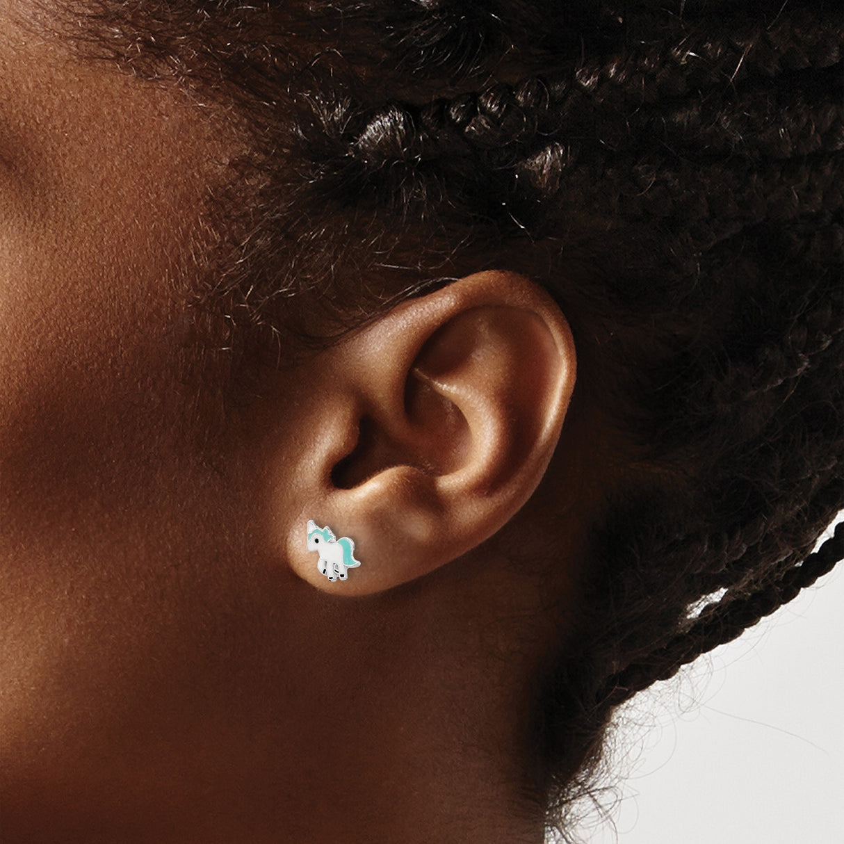 Sterling Silver Unicorn Stud Earrings With Aqua Enamel