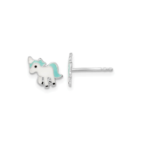 Sterling Silver Unicorn Stud Earrings with Aqua Enamel, Whimsical White and Blue Design, Playful Post Back Silver Fantasy Studs, Youthful Magic Jewelry for Teens, Everyday Sparkle Earrings