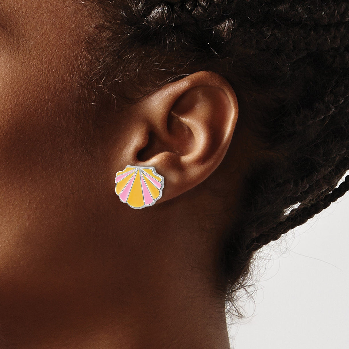 Sterling Silver Scallop Shell Stud Earrings with Pink and Yellow Enamel, Nautical Coastal Style