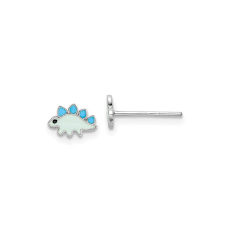 Sterling Silver Dinosaur Stud Earrings, Green and Blue Enamel Stegosaurus Design for Girls