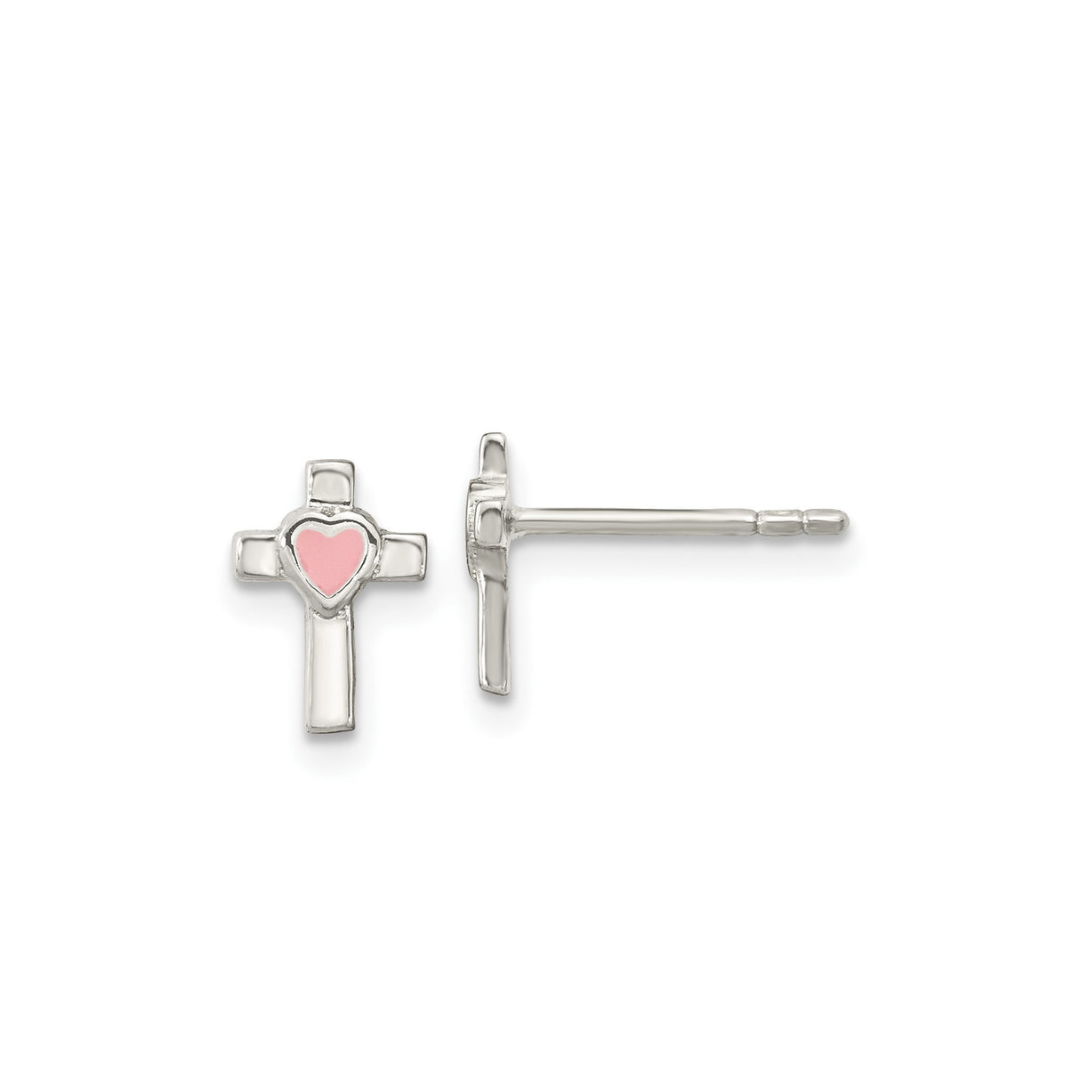 Sterling Silver Cross Pendant with Gold Enamel and Pink Heart, Matching Stud Earrings