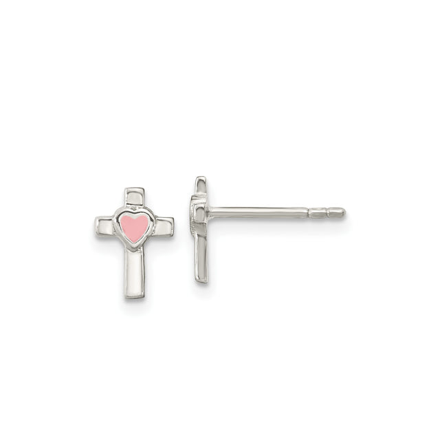 Sterling Silver Cross Pendant with Gold Enamel and Pink Heart, Matching Stud Earrings