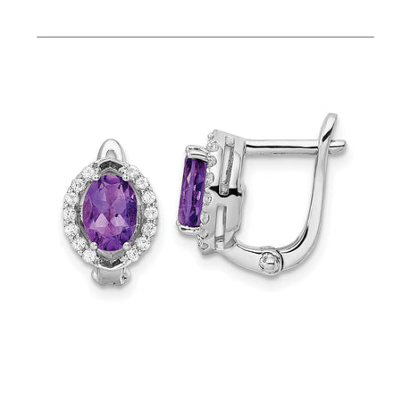 Sterling Silver Drop Earrings with Oval Amethyst and White Topaz Halo Leverback Design