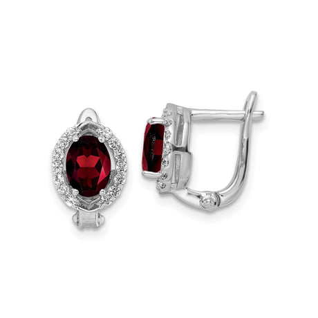 Sterling Silver Drop Earrings with Oval Garnet and White Topaz Halo Accents