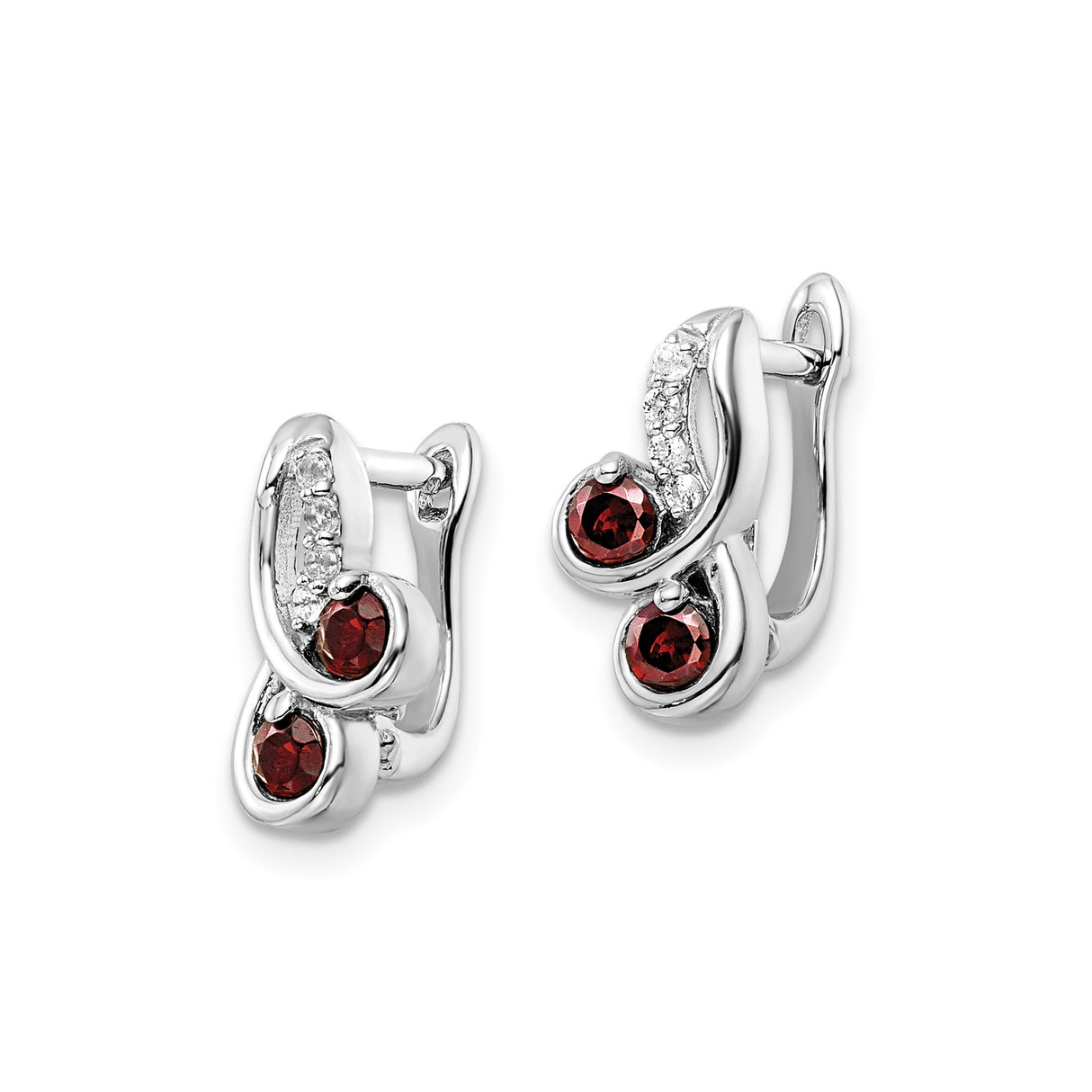Sterling Silver Drop Earrings with Garnet and White Topaz, Curved Swirl Design