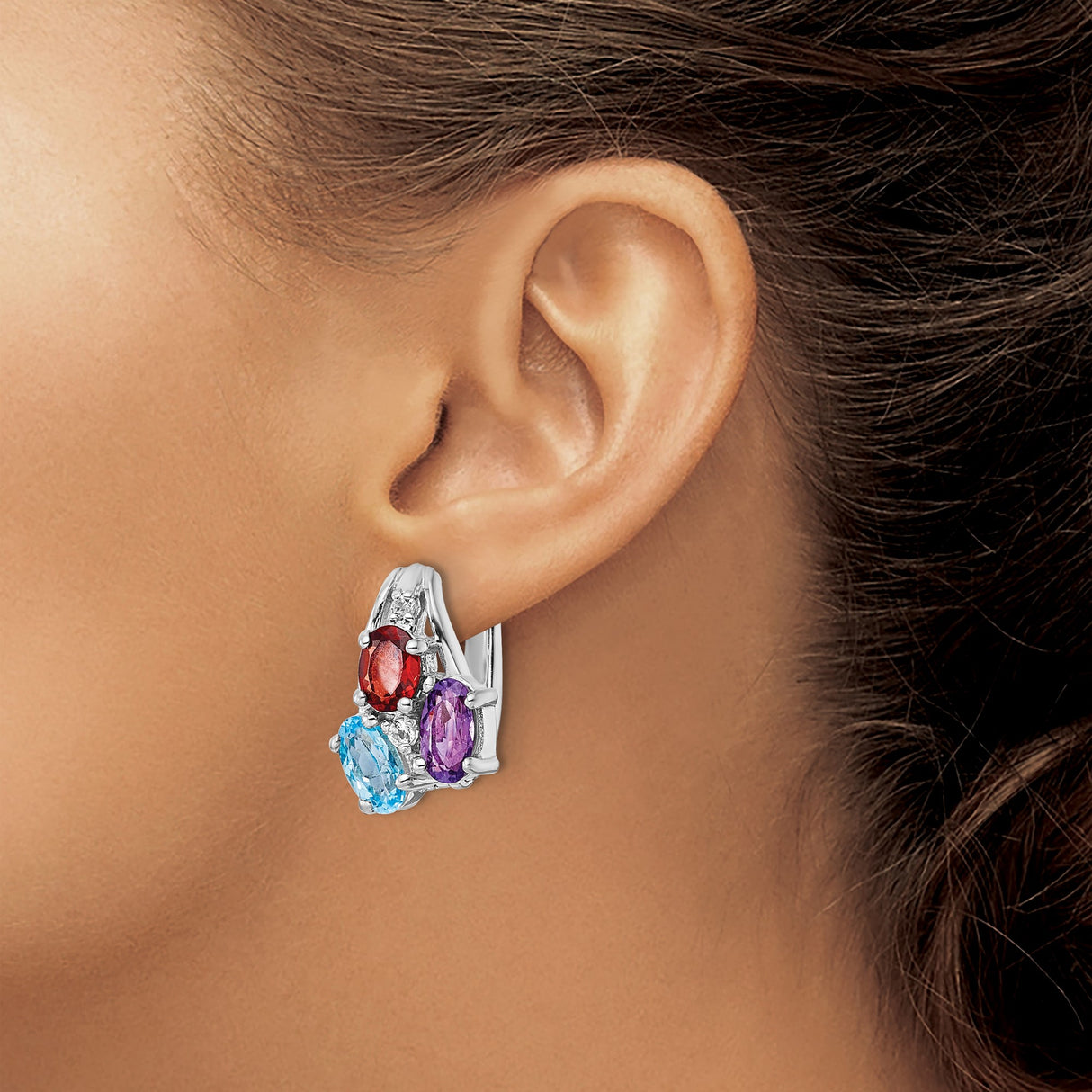 Sterling Silver Dangle Earrings with Garnet and Swiss Blue Topaz Cluster Design