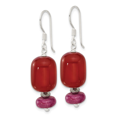 Sterling Silver Dangle Earrings with Carnelian and Reconstructed Serpentine, Boho Style