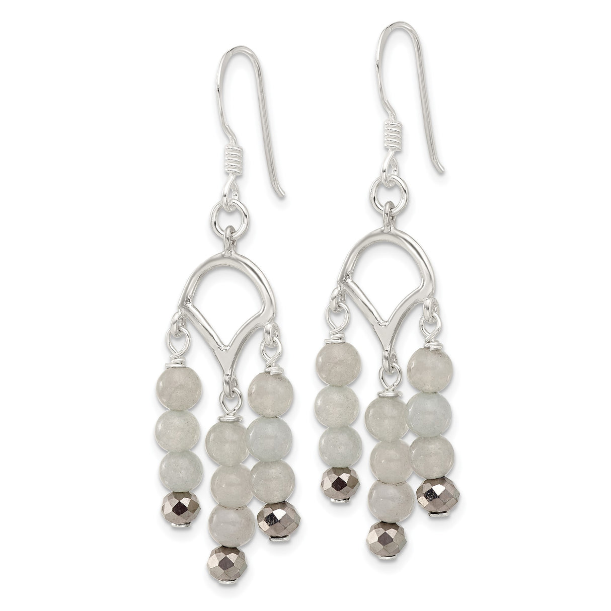 Sterling Silver Dangle Earrings with Gray Labradorite and Hematite, Multi-Strand Boho Drop Design