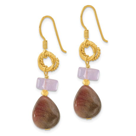Sterling Silver Dangle Earrings with Amethyst and Green Tourmaline, Textured Hoops, Boho Style