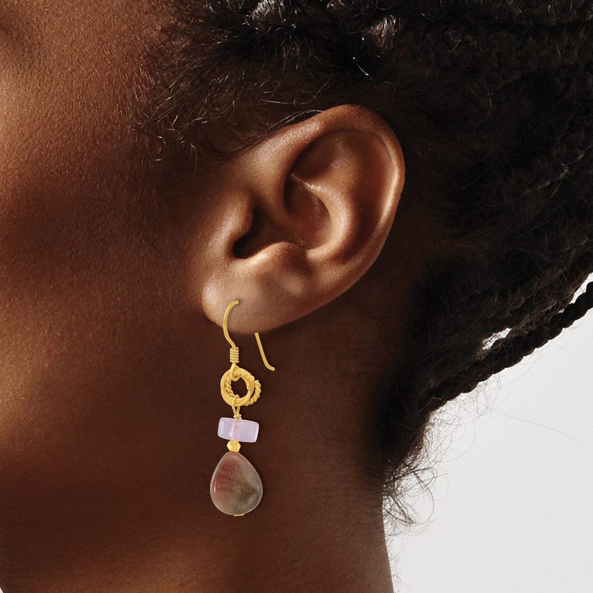Sterling Silver Dangle Earrings with Amethyst and Green Tourmaline, Textured Hoops, Boho Style