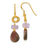 Sterling Silver Dangle Earrings with Amethyst and Green Tourmaline, Textured Hoops, Boho Style