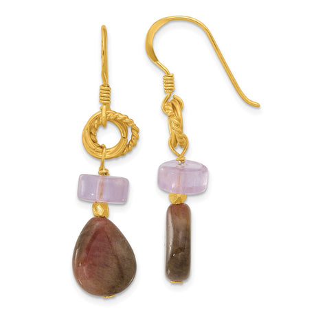 Sterling Silver Dangle Earrings with Amethyst and Green Tourmaline, Textured Hoops, Boho Style