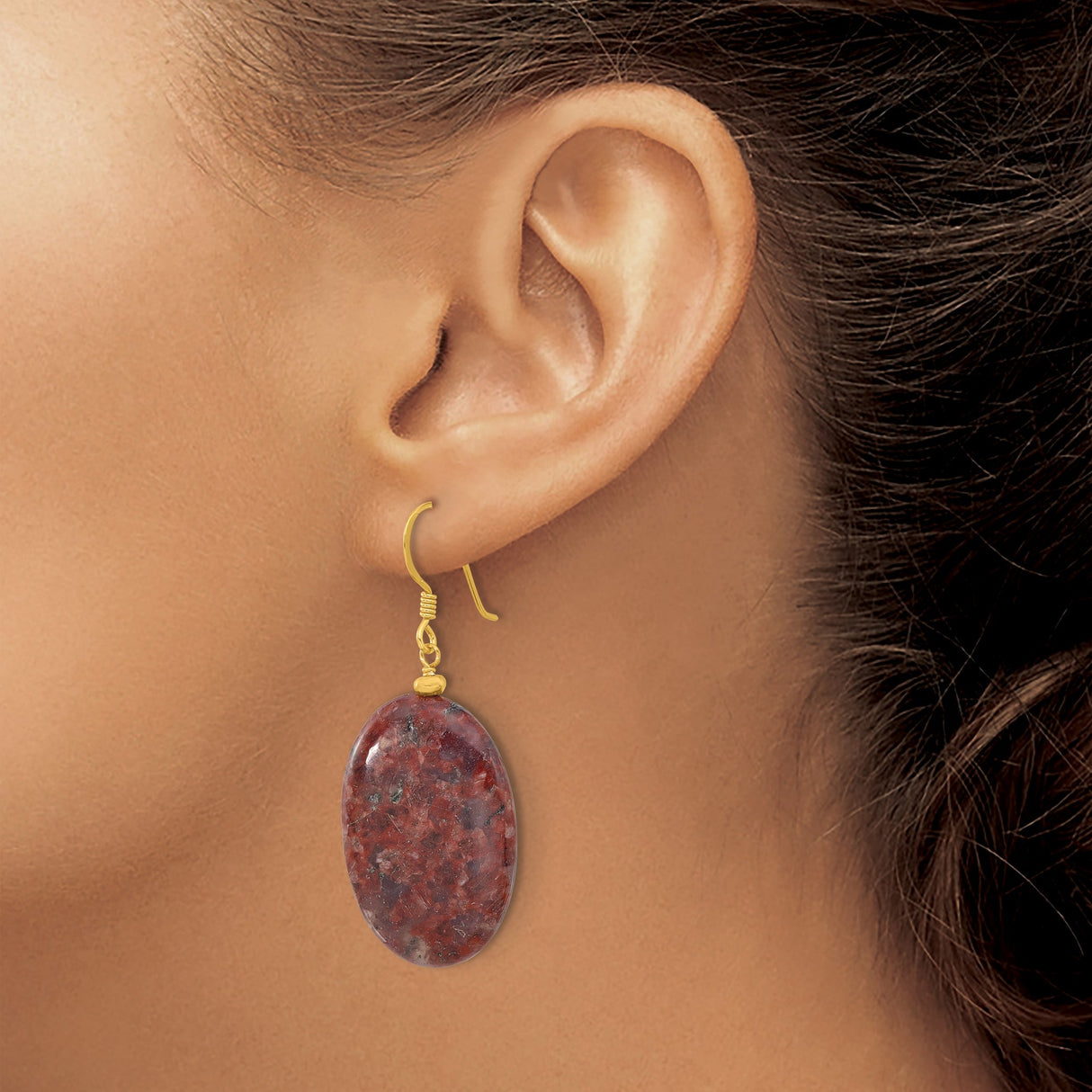 Sterling Silver Dangle Earrings with Oval Red Jasper, Gold Plated, Boho Style for Women