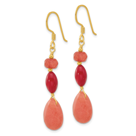 Sterling Silver Dangle Earrings with Jade and Coral, Teardrop and Oval Boho Design