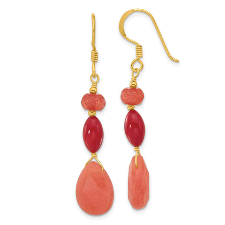 Sterling Silver Dangle Earrings with Jade and Coral, Teardrop and Oval Boho Design
