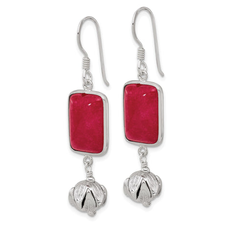 Sterling Silver Dangle Earrings with Red Jade, Floral Drop Accents, Boho Vintage Style