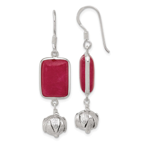 Sterling Silver Dangle Earrings with Red Jade, Floral Drop Accents, Boho Vintage Style