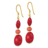 Sterling Silver Dangle Earrings with Coral and Jade, Gold Tone Accents, Boho Drop Design