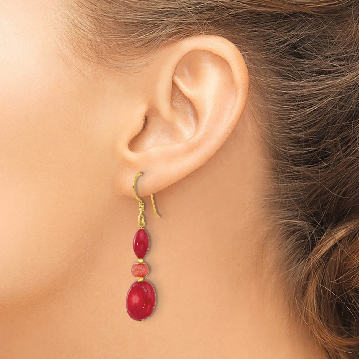 Sterling Silver Dangle Earrings with Coral and Jade, Gold Tone Accents, Boho Drop Design