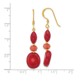Sterling Silver Dangle Earrings with Coral and Jade, Gold Tone Accents, Boho Drop Design