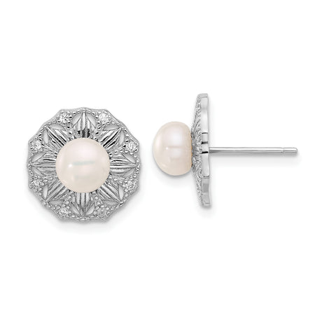 Sterling Silver Pearl Stud Earrings, Ornate Filigree Floral Design, Vintage-Inspired Womens Jewelry