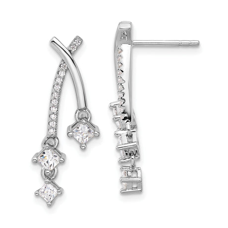 Sterling Silver Dangle Earrings with Cubic Zirconia, Curved Design and Square CZ Drops