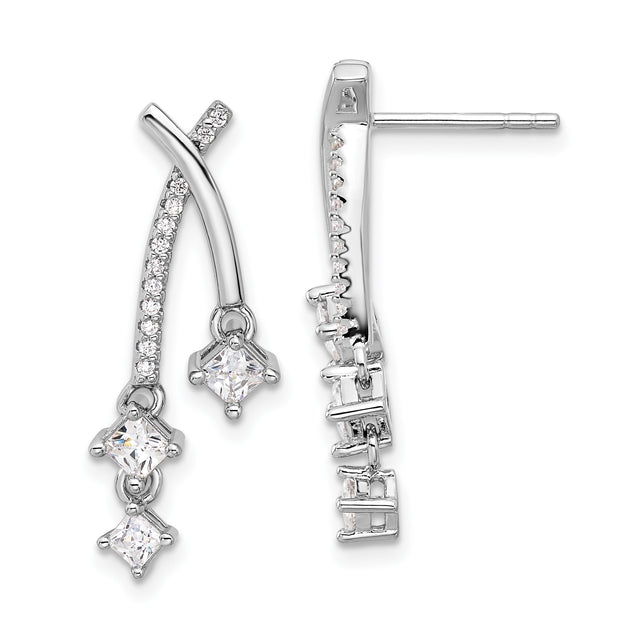 Sterling Silver Dangle Earrings with Cubic Zirconia, Curved Design and Square CZ Drops